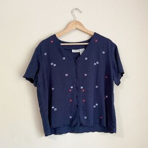 White Stag Navy Scalloped Hem Floral Embroidered Blouse
